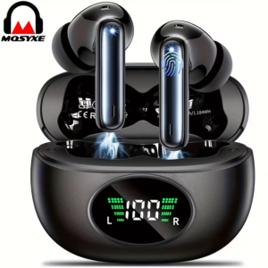 Black Bluetooth 5.4 wireless earbuds in LED charging case