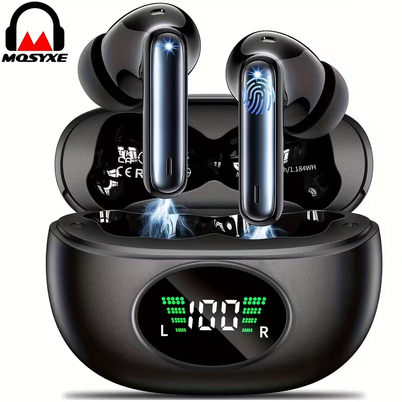 Black Bluetooth 5.4 wireless earbuds in LED charging case