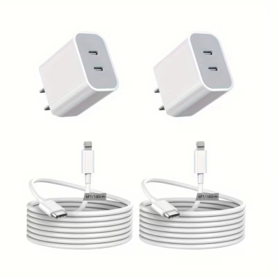 Two 20W dual-port USB-C wall chargers with two 6-foot Lightning cables