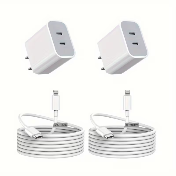 Two 20W dual-port USB-C wall chargers with two 6-foot Lightning cables