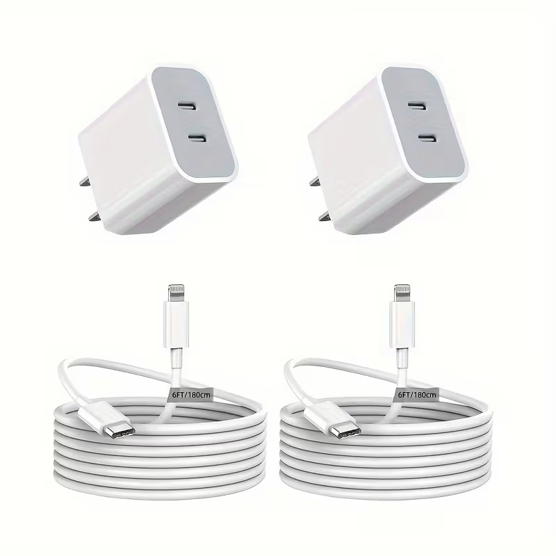 Two 20W dual-port USB-C wall chargers with two 6-foot Lightning cables