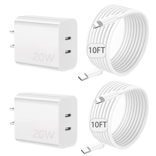 Two dual-port USB-C wall chargers with two 10-foot Lightning cables