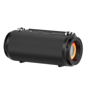 Black portable wireless speaker with RGB lighting and carry strap